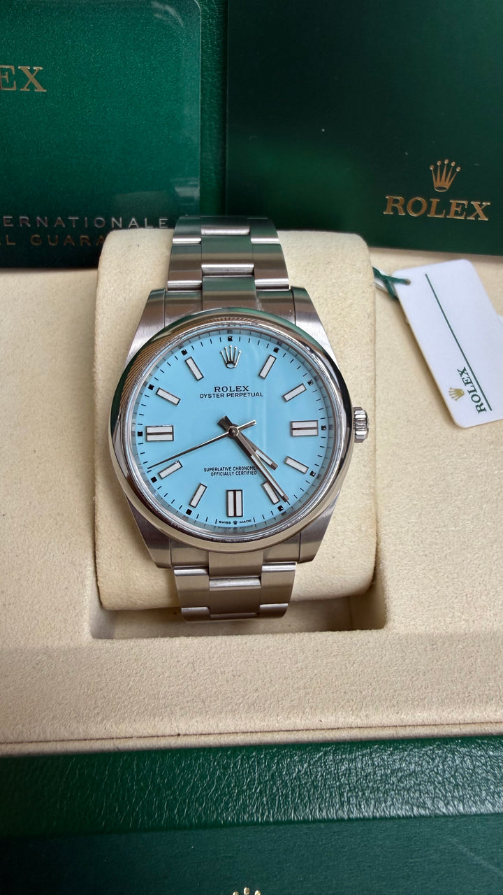 Rolex Oyster Perpetual 41 Turquoise Blue Index Dial on Oyster 124300 Card 2021
