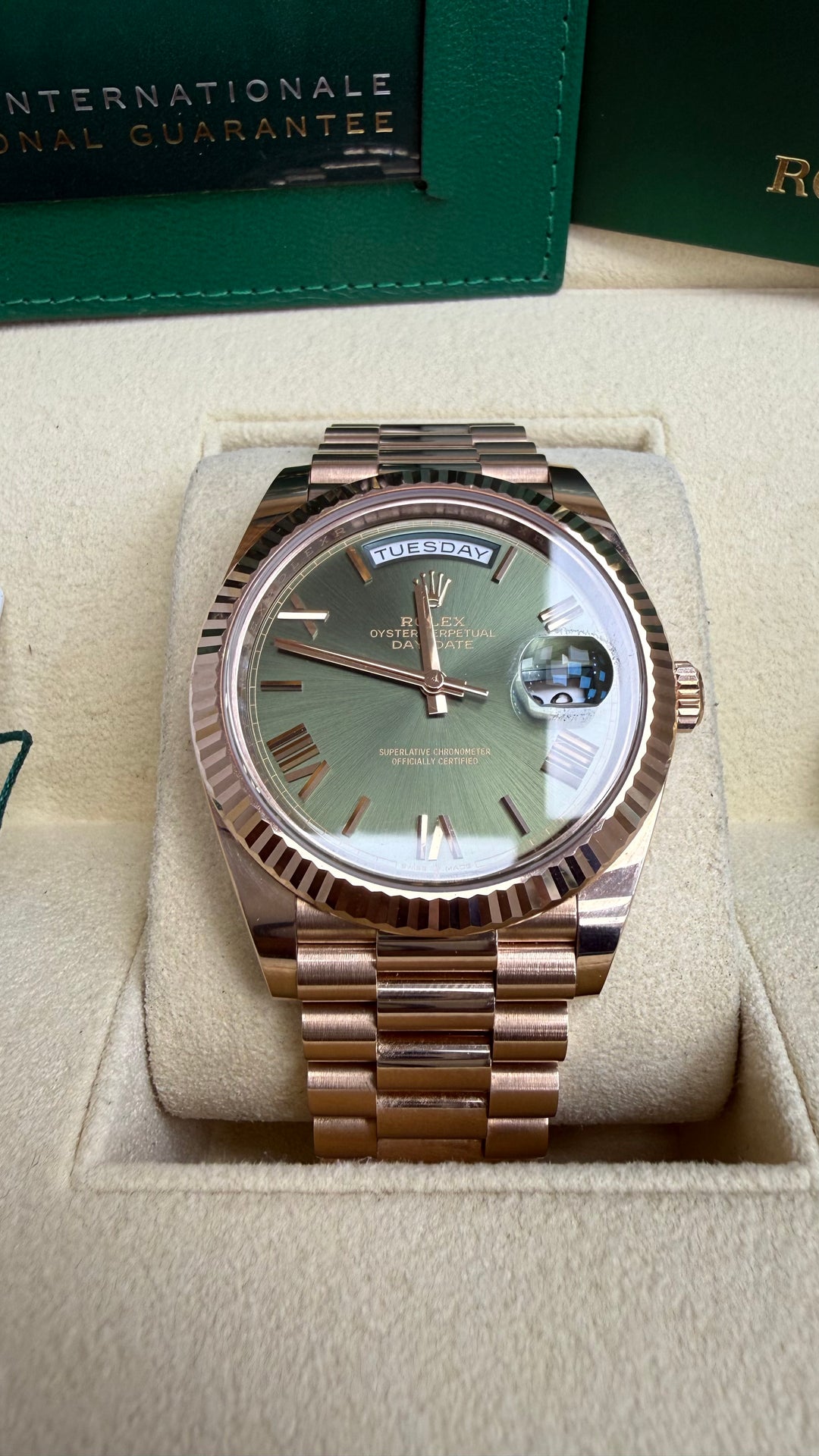 Rolex Day-Date 40 Olive Green Roman Dial on President 228235 Complete 2021