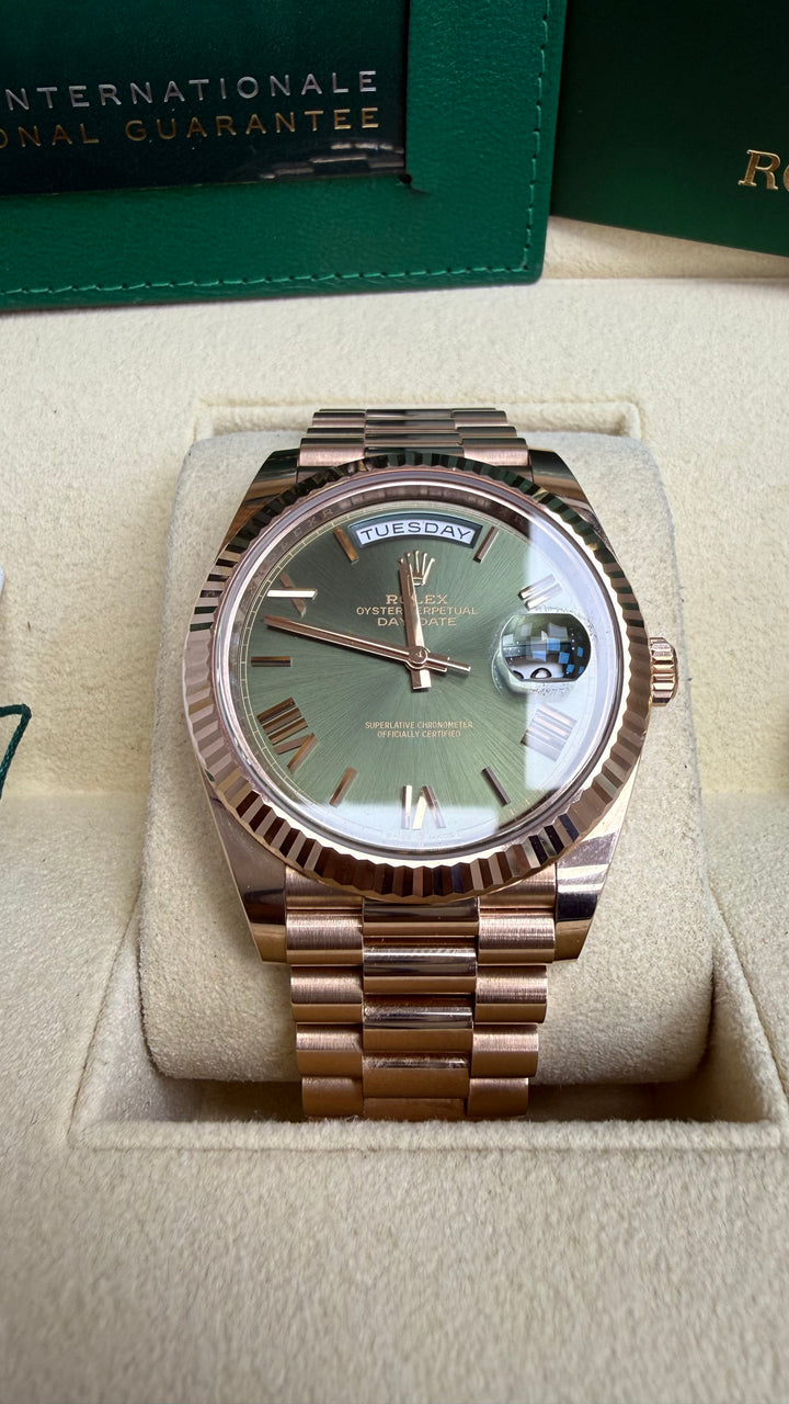 Rolex Day-Date 40 Olive Green Roman Dial on President 228235 Complete 2021