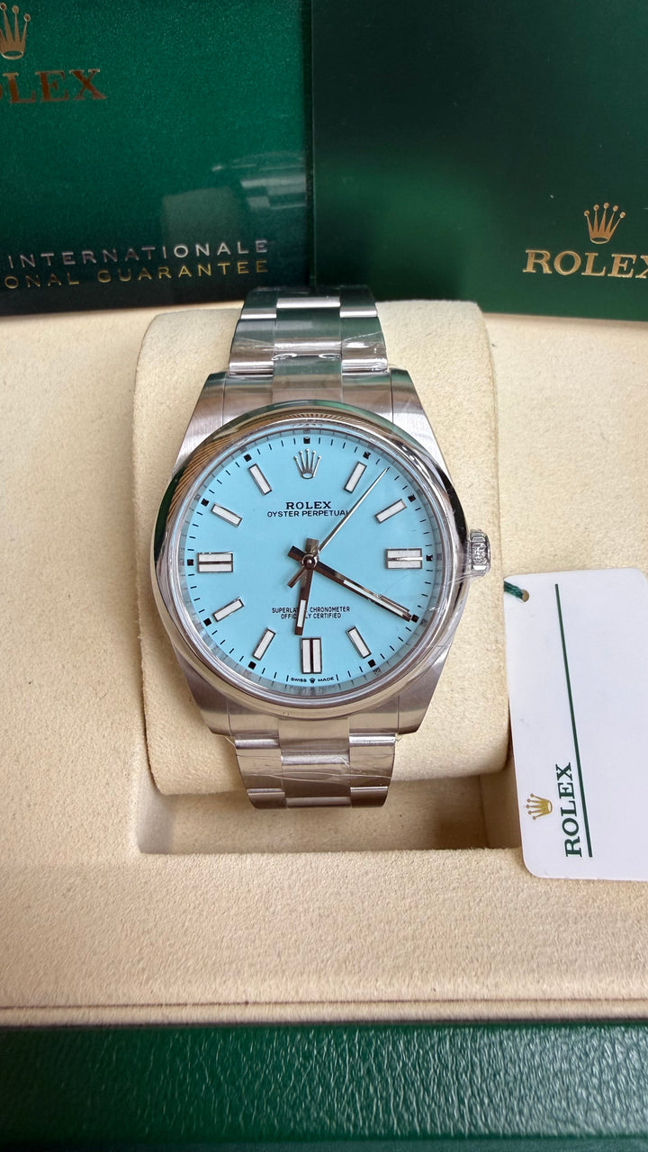 Rolex Oyster Perpetual 41 Turquoise Blue Index Dial on Oyster 124300 Card 2022