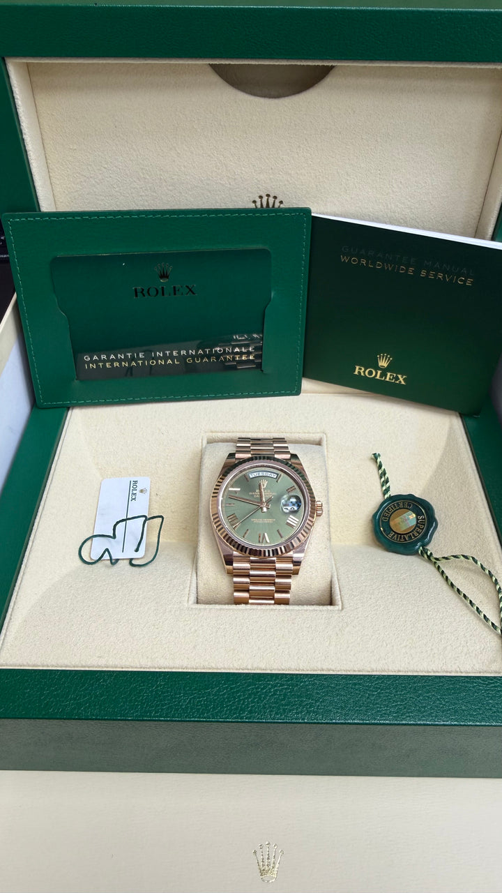 Rolex Day-Date 40 Olive Green Roman Dial on President 228235 Complete 2021