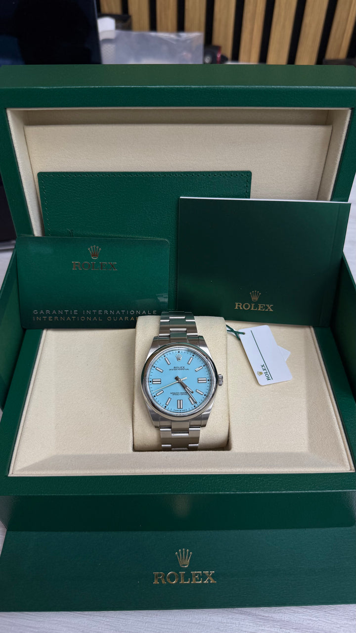 Rolex Oyster Perpetual 41 Turquoise Blue Index Dial on Oyster 124300 Card 2021