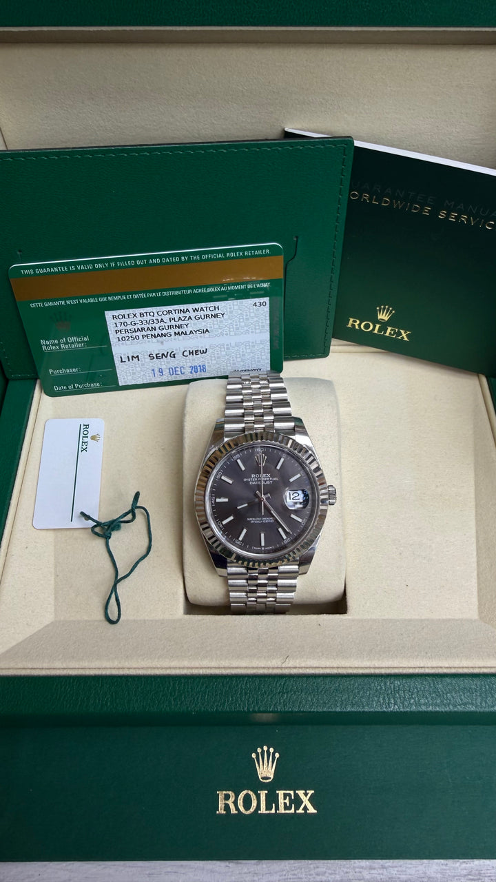 Rolex Datejust 41 Dark Rhodium Index Dial on Jubilee 126334 Card 2018