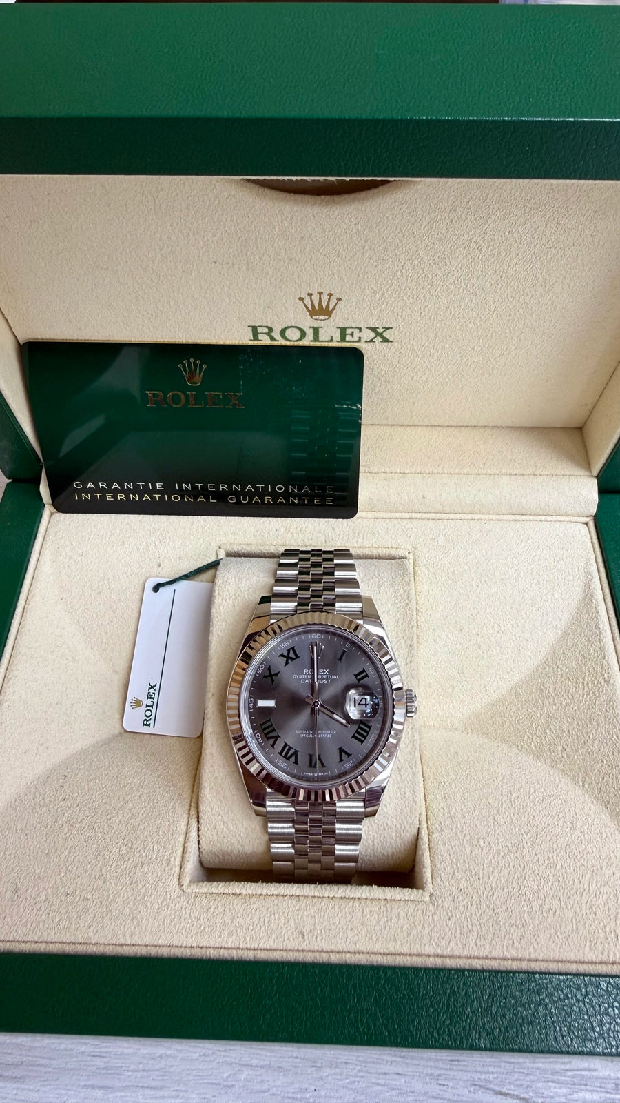 Rolex Datejust 41 Slate Green Roman Dial on Jubilee 126334 Card 2024