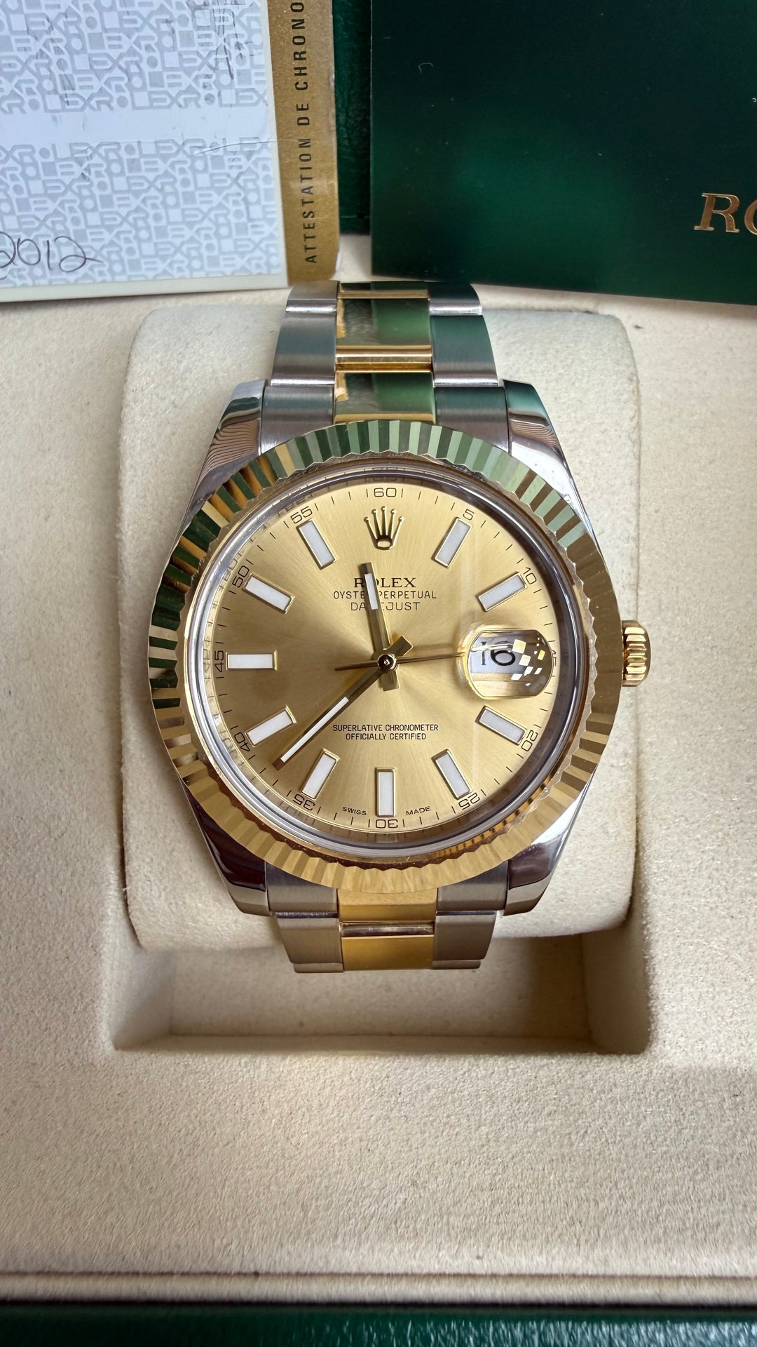 Rolex Datejust II Champagne Stick Dial on Oyster 116333 Card 2012