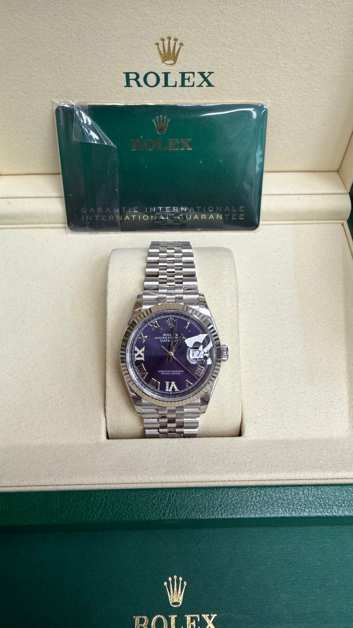 Rolex Datejust 36 Aubergine Purple Diamond Roman Vi And Ix Dial on Jubilee 126234 Card 2025