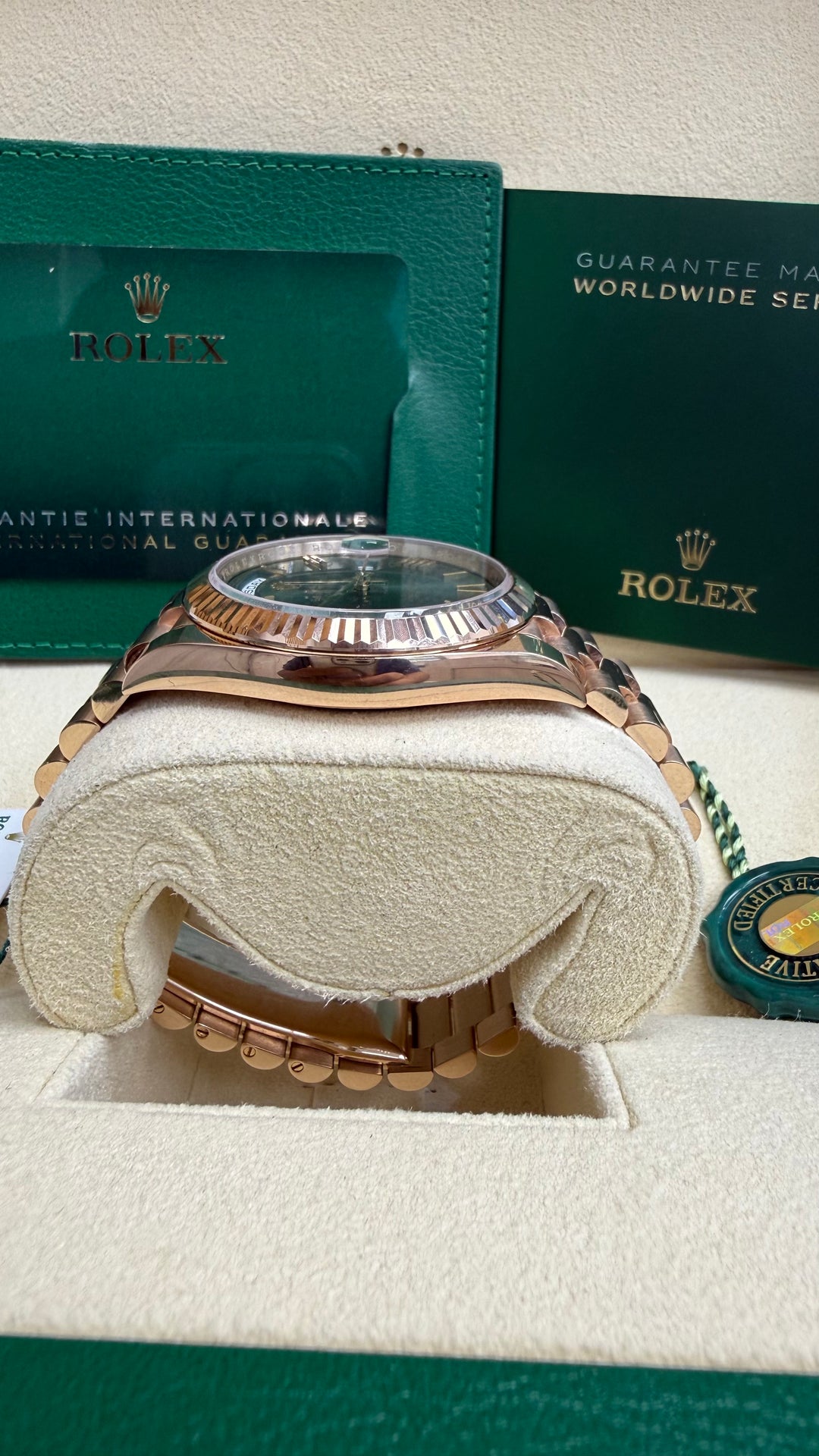 Rolex Day-Date 40 Olive Green Roman Dial on President 228235 Complete 2021
