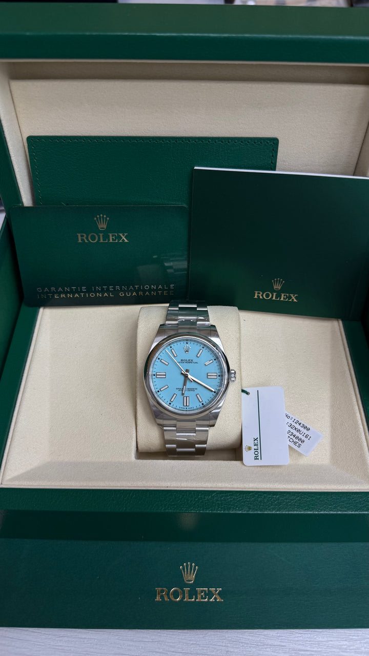 Rolex Oyster Perpetual 41 Turquoise Blue Index Dial on Oyster 124300 Card 2022