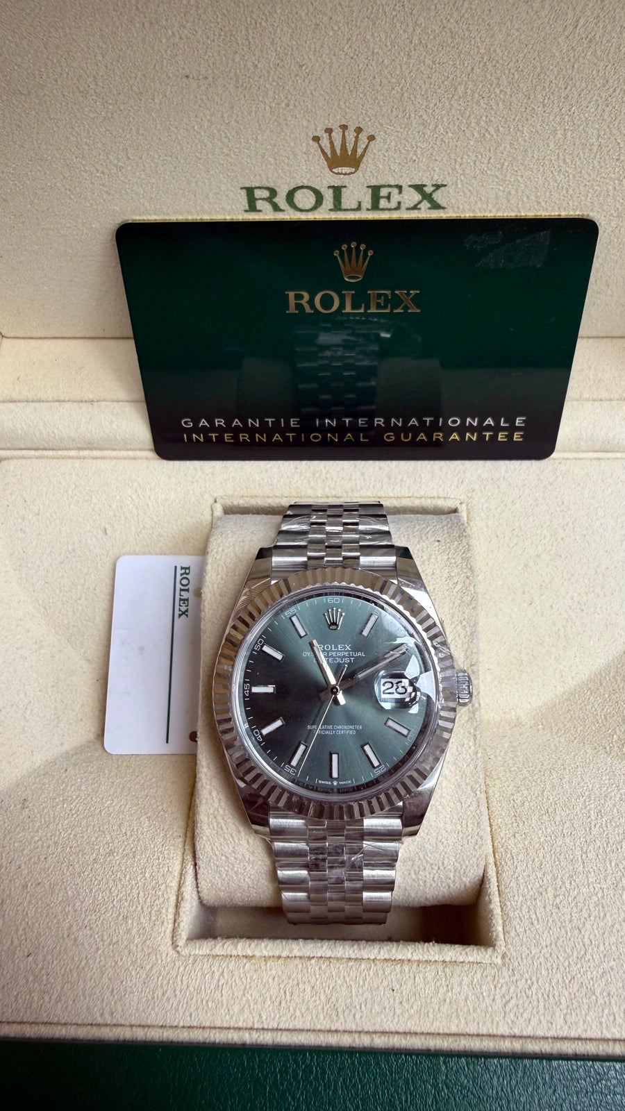 Rolex Datejust 41 Mint Green Index Dial on Jubilee 126334 Card 2023