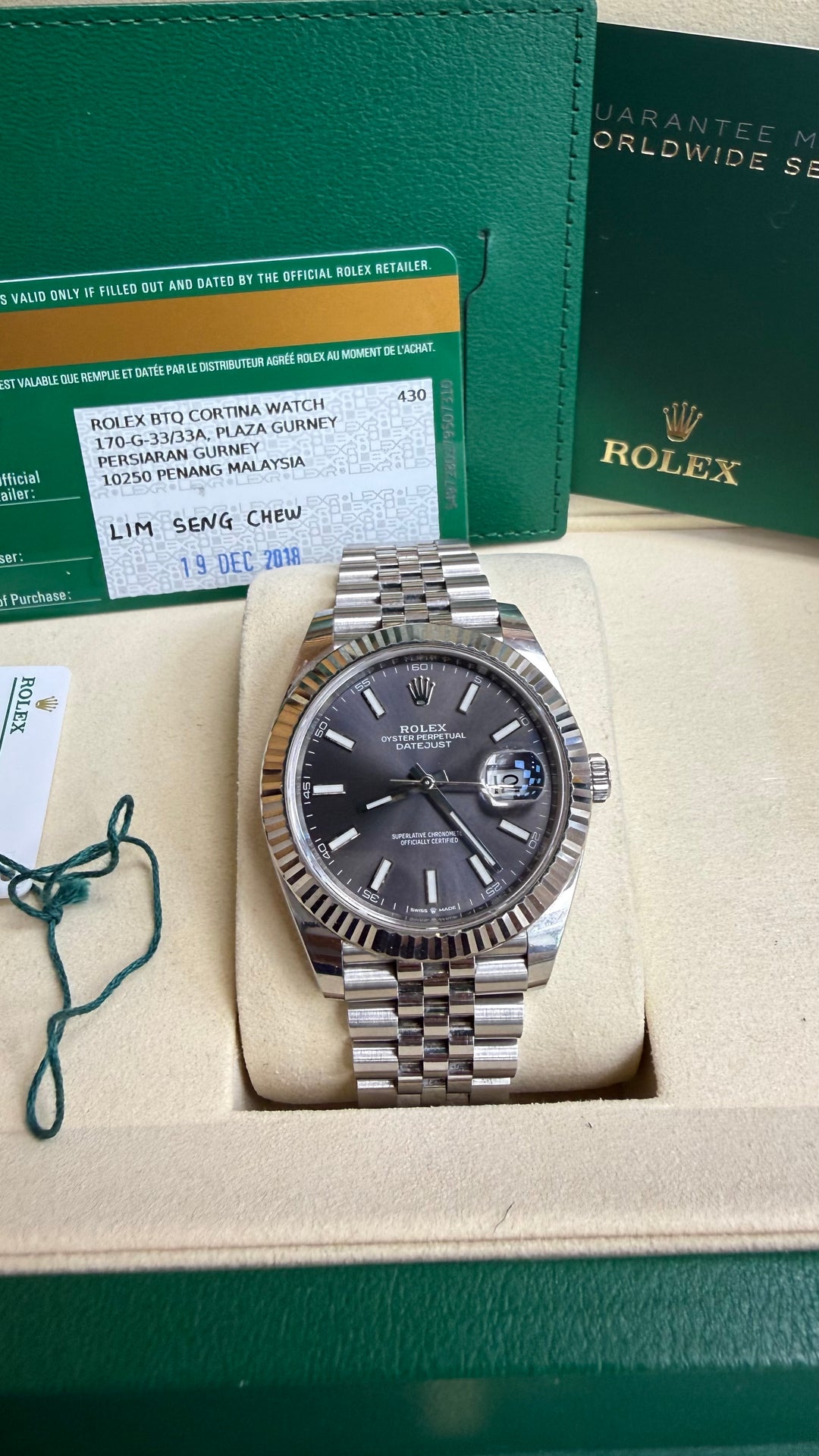 Rolex Datejust 41 Dark Rhodium Index Dial on Jubilee 126334 Card 2018